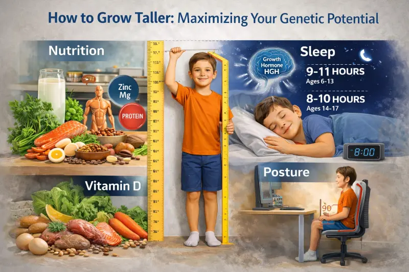 Maximizing your genetic potential for height - visual guide showing key factors for optimal growth