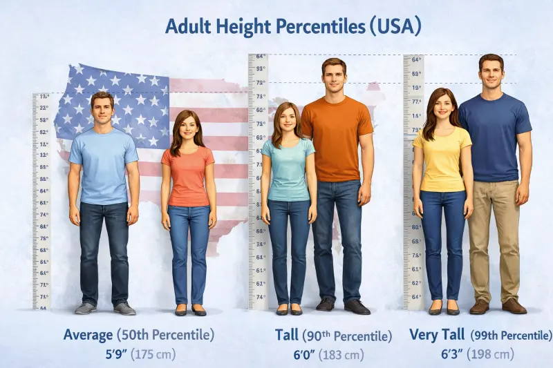 Adult height percentiles in USA - chart showing height distribution for American men and women