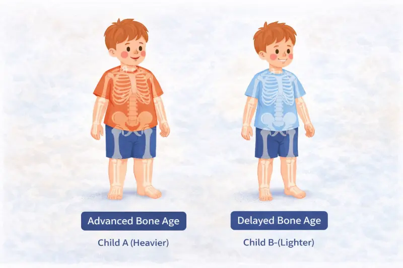 Illustration explaining how body weight influences skeletal maturity and bone age estimation in height prediction