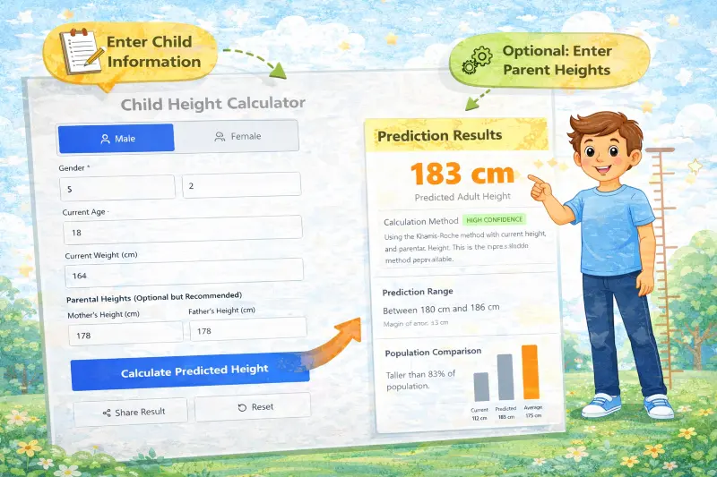 Child height prediction interface tutorial - step-by-step guide showing how to use our height calculator