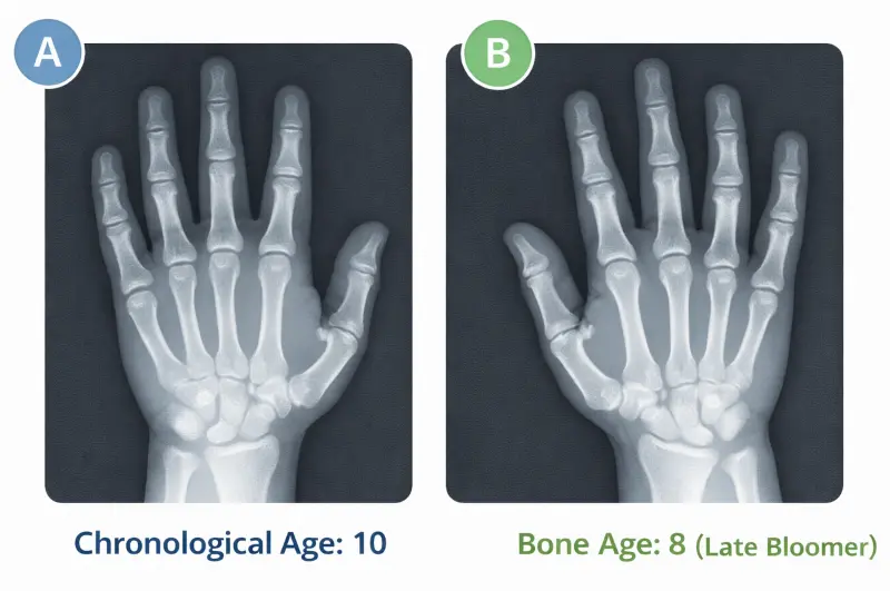 Comparison of bone age and chronological age showing growth anomalies