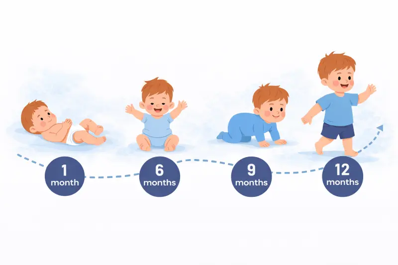 Illustration of baby growth stages from newborn to toddler