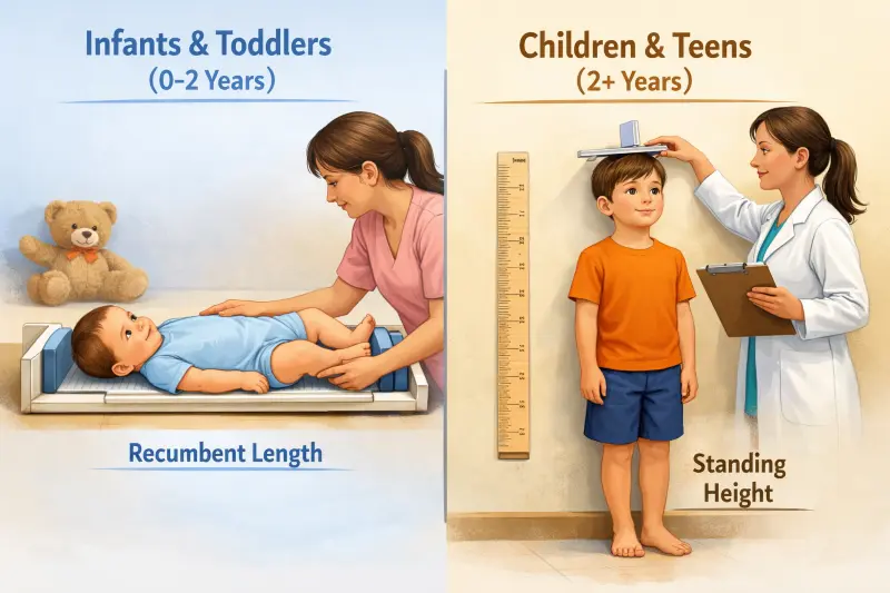 Growth measurement techniques for different age groups - showing proper measuring methods for infants vs children