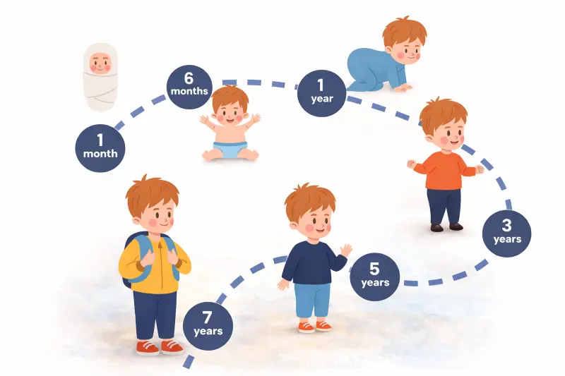 Child growth stages showing different developmental phases from infant to teenager