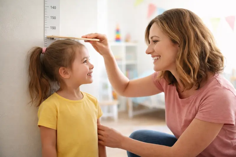 Mother measuring her child's height against a wall