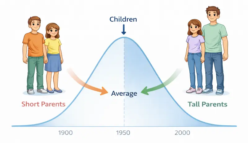 Bell curve graph demonstrating how children of extremely tall or short parents tend to be closer to the average height